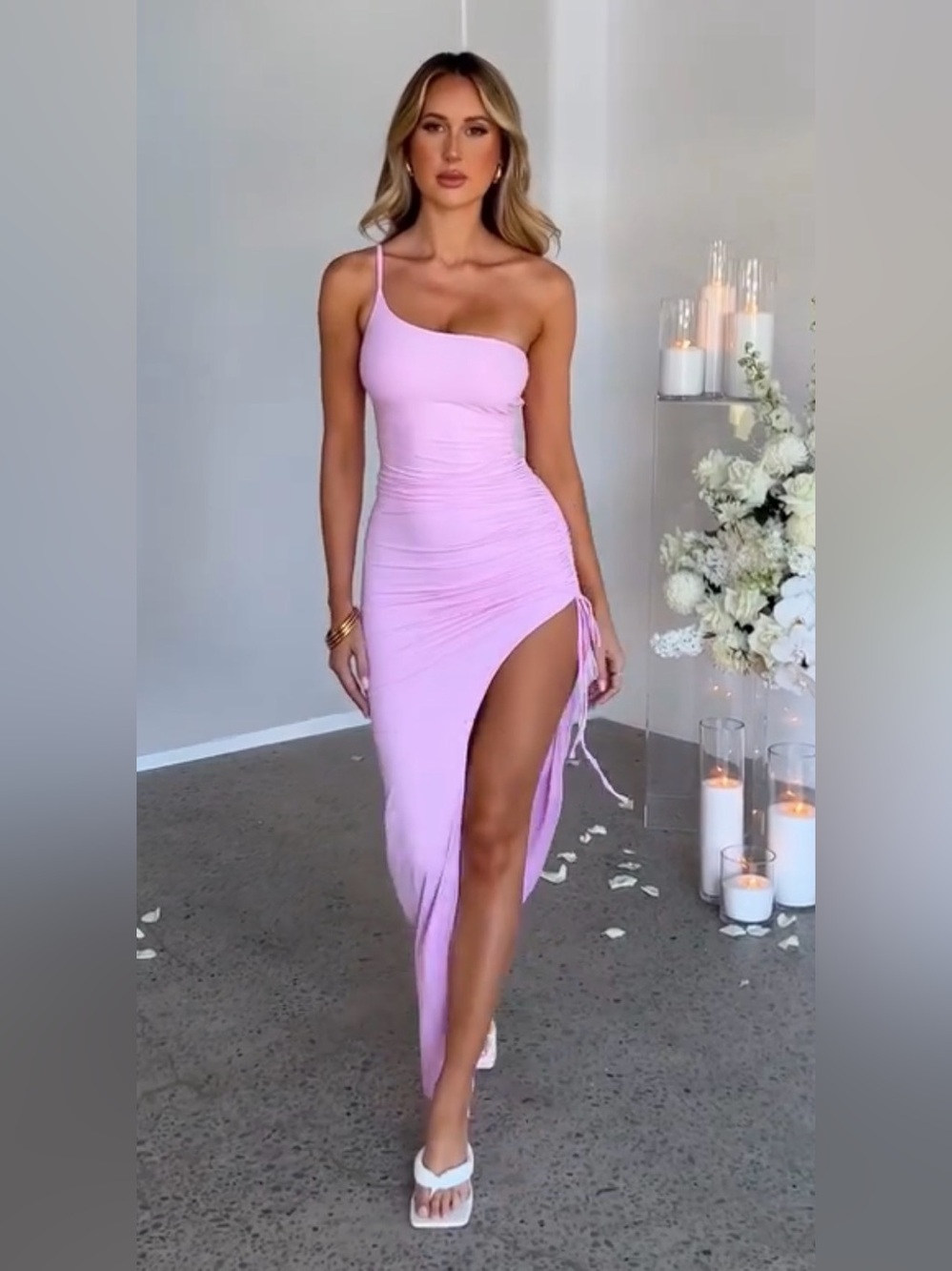 BABYBOO Zuri One-Shoulder Pink Ruched Side-Slit Dress